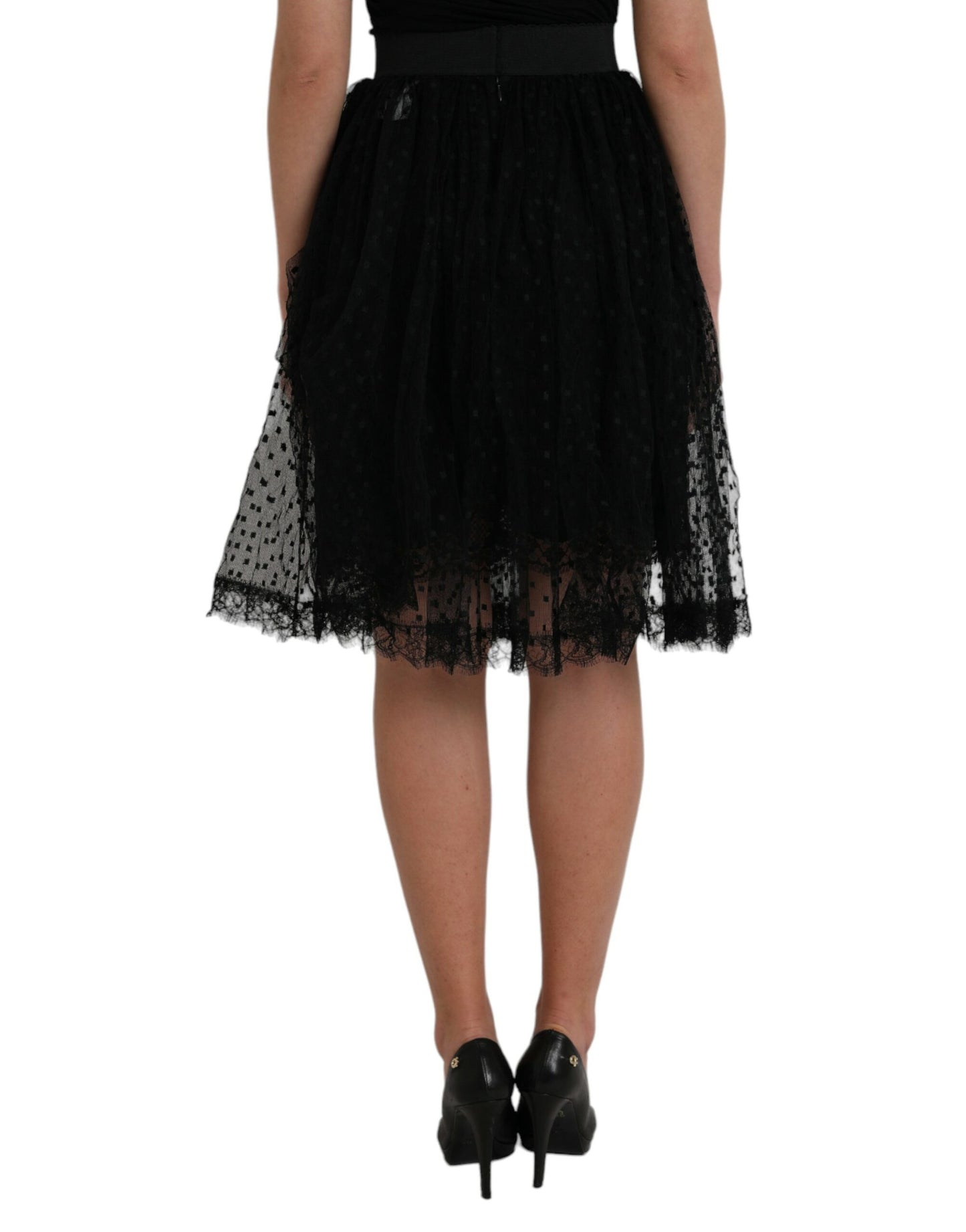 Dolce &amp; Gabbana Black nylon skirt with lace trim and high waist in A-line