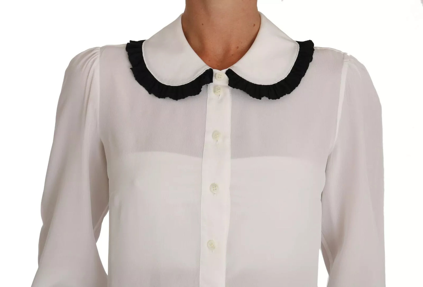 Dolce &amp; Gabbana White Silk Shirt Blouse with Gathered Collar