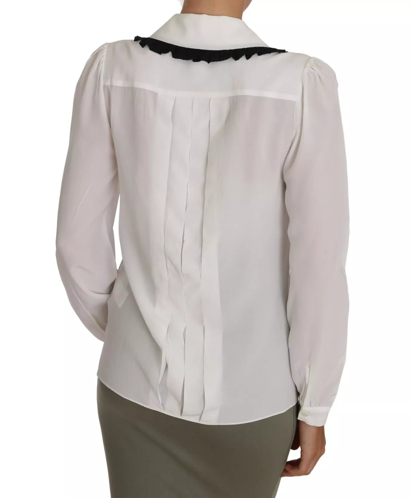 Dolce &amp; Gabbana White Silk Shirt Blouse with Gathered Collar