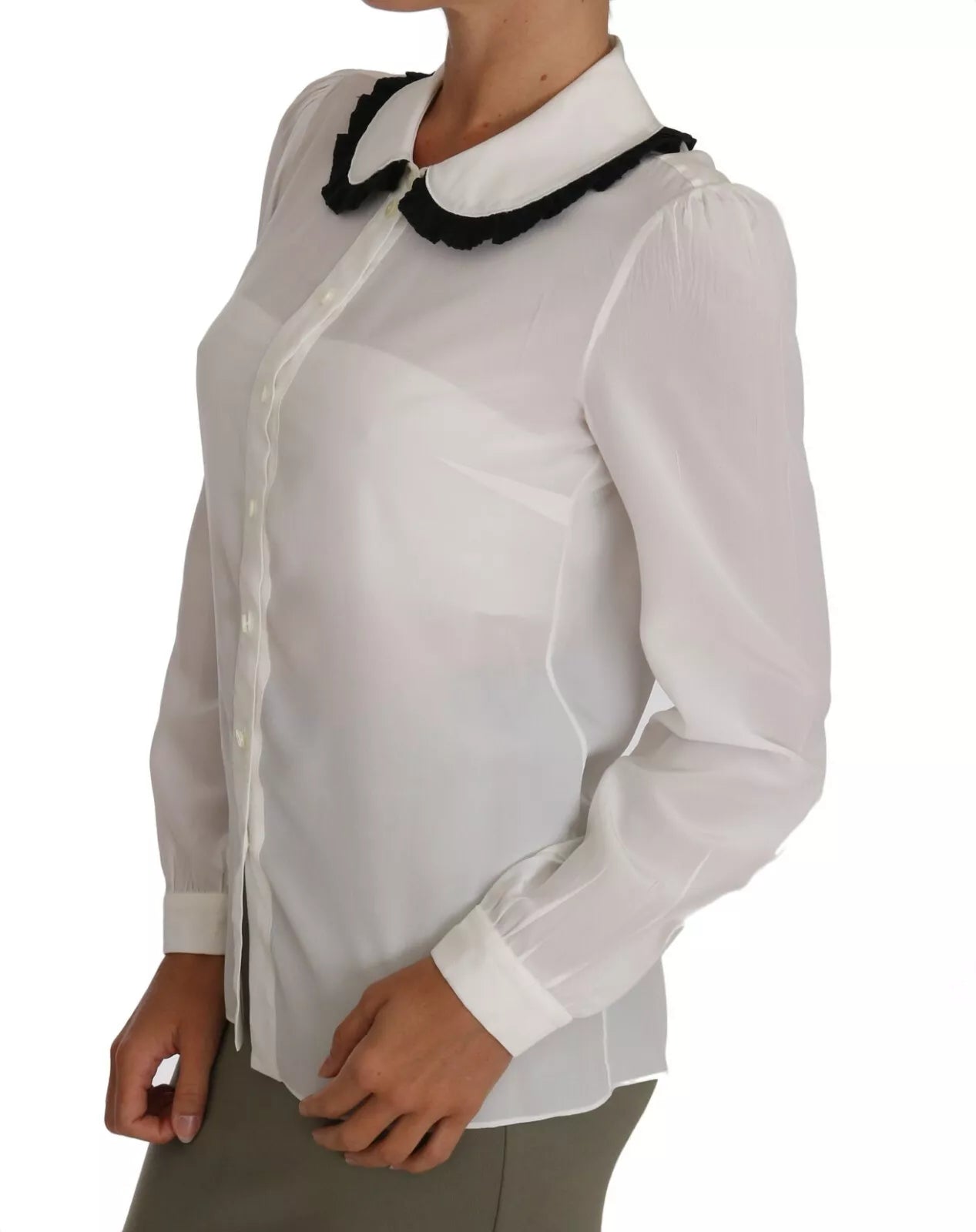 Dolce &amp; Gabbana White Silk Shirt Blouse with Gathered Collar