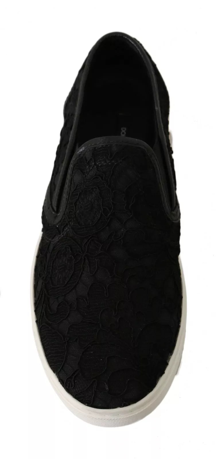 Dolce &amp; Gabbana Black Lace Leather Flat Slip-On Sneakers with Logo