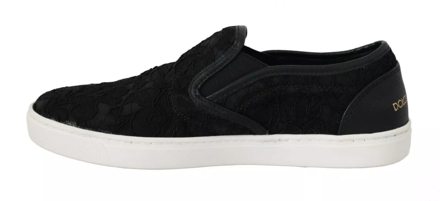 Dolce &amp; Gabbana Black Lace Leather Flat Slip-On Sneakers with Logo