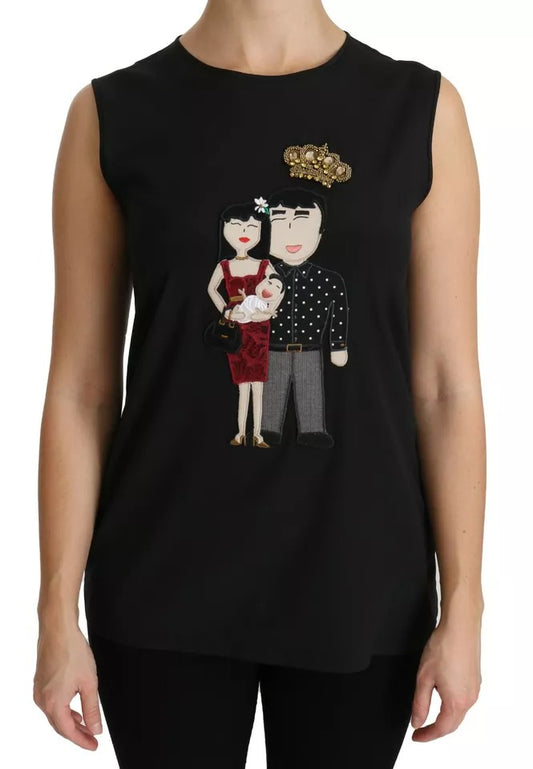 Dolce &amp; Gabbana Black Silk DG Family Crystal Sleeveless Top