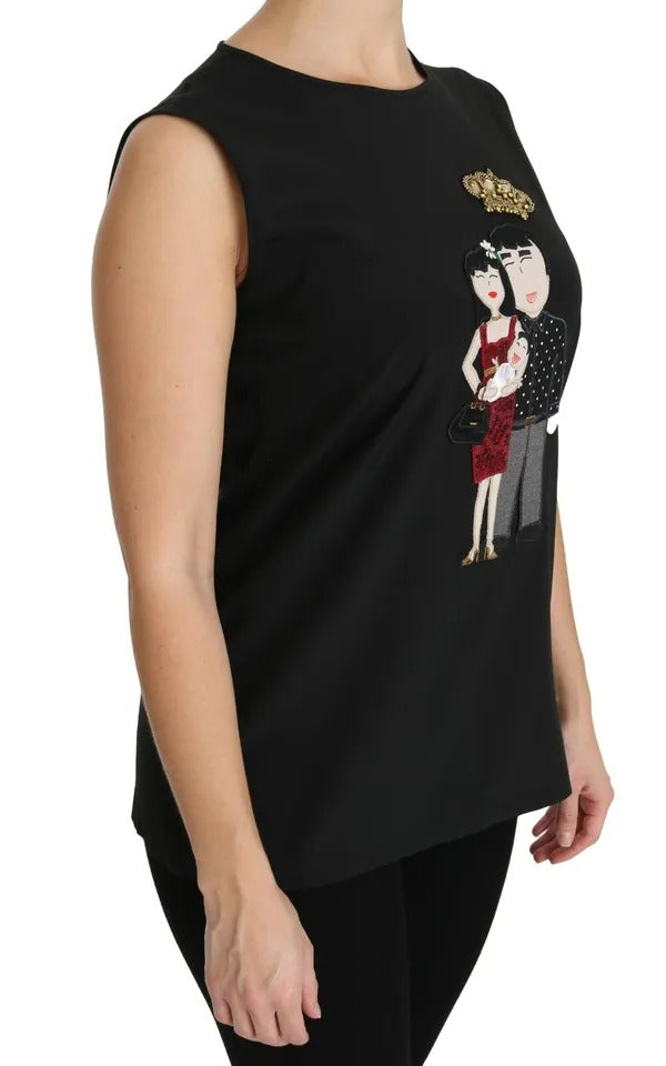 Dolce &amp; Gabbana Black Silk DG Family Crystal Sleeveless Top