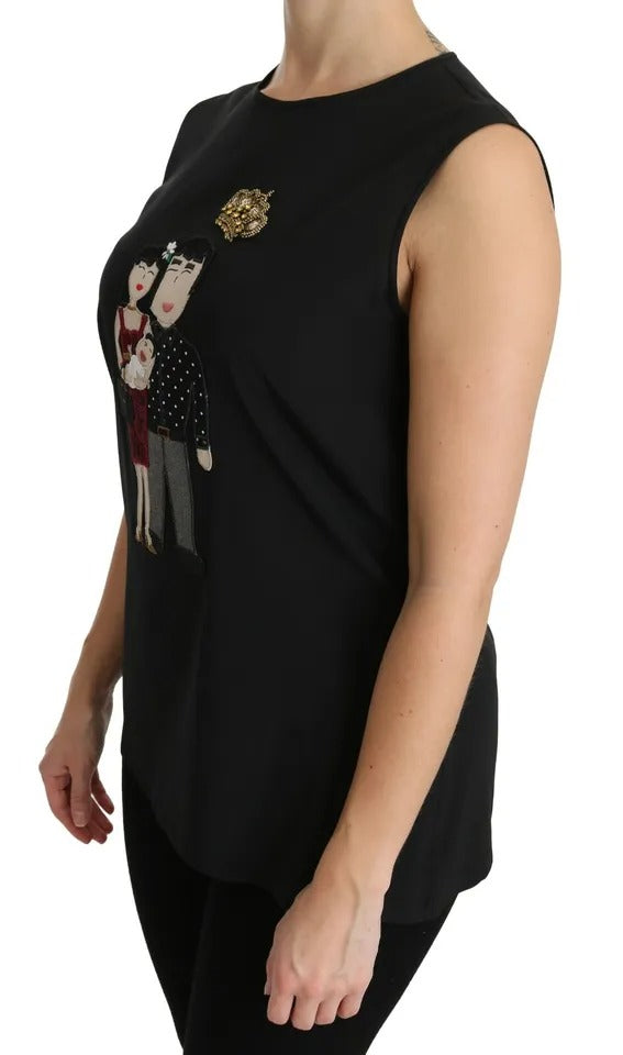 Dolce &amp; Gabbana Black Silk DG Family Crystal Sleeveless Top