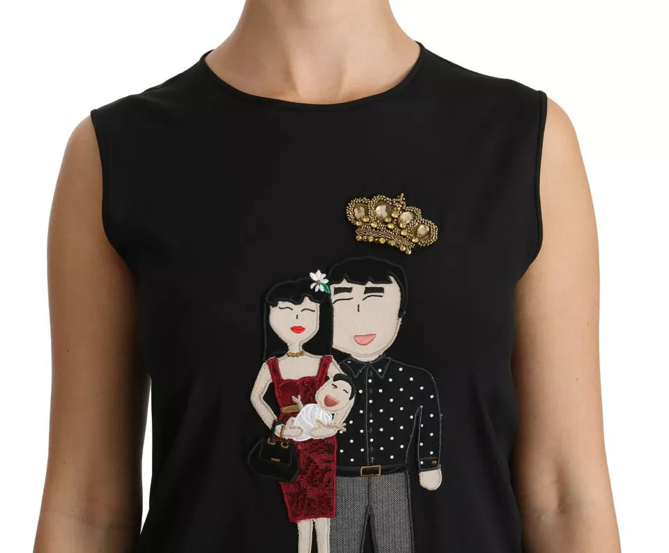 Dolce &amp; Gabbana Black Silk DG Family Crystal Sleeveless Top