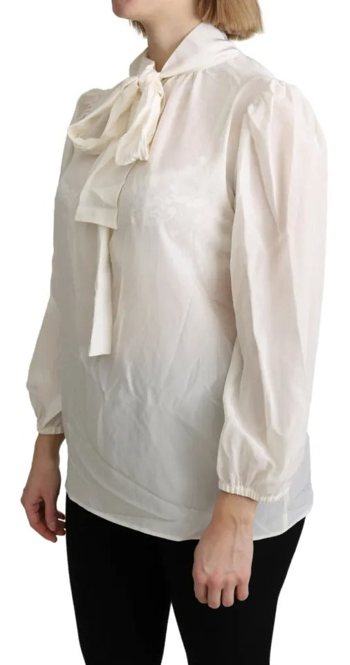 Dolce &amp; Gabbana Off White Scarfneck Long Sleeves Blouse Silk Top