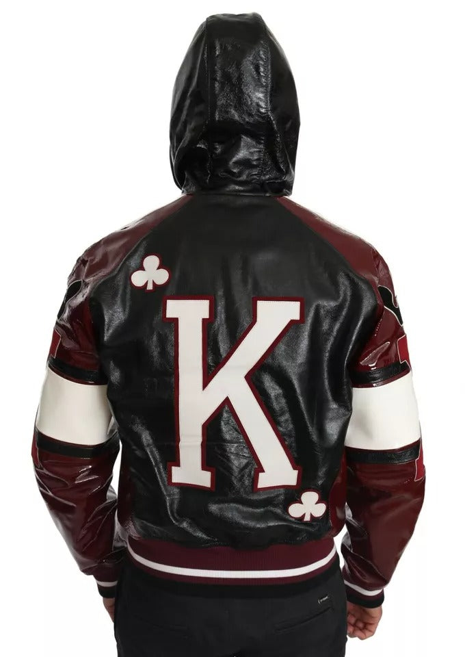 Dolce &amp; Gabbana Black burgundy leather jacket with hood DG King of Love