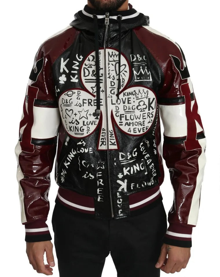 Dolce &amp; Gabbana Black burgundy leather jacket with hood DG King of Love