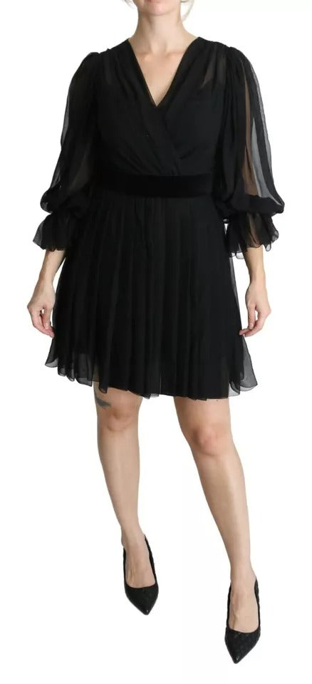 Dolce &amp; Gabbana Black Silk Blend Mesh Pleated Mini Dress