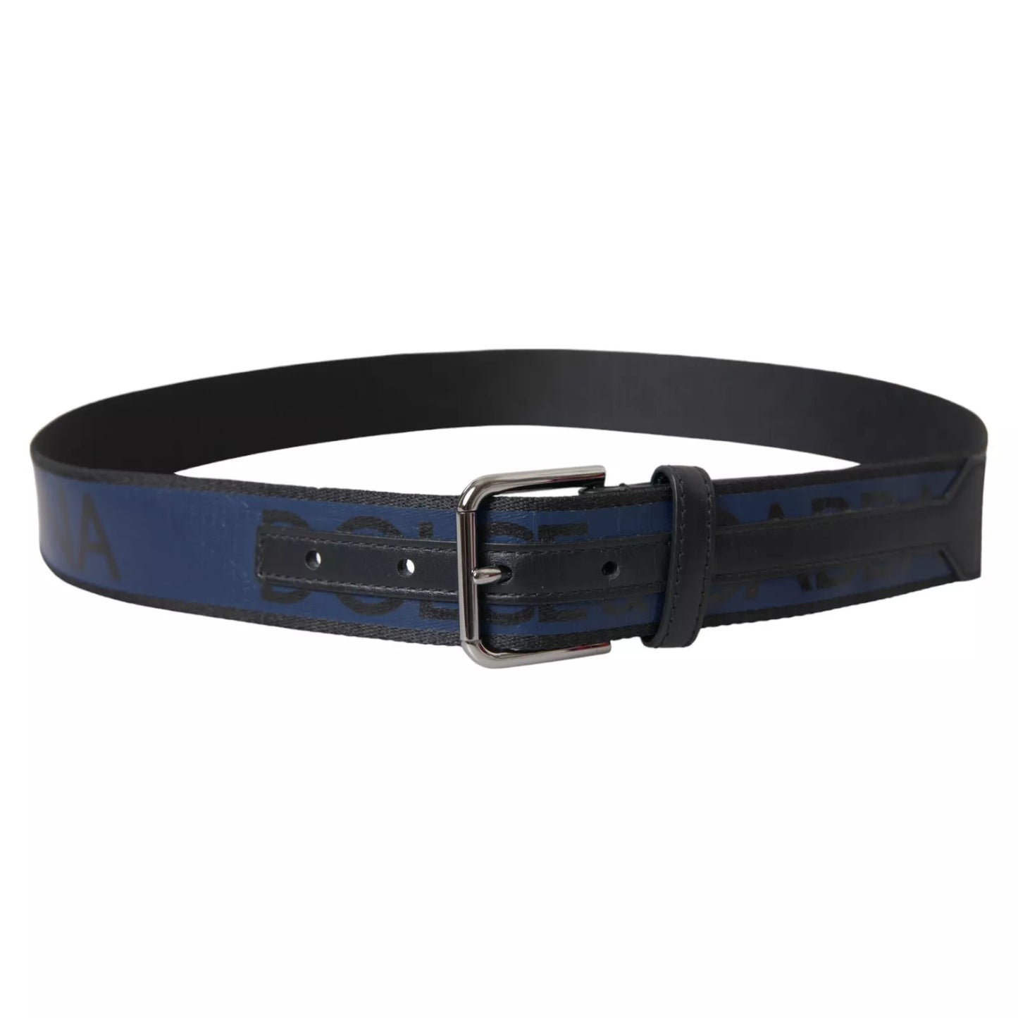 Dolce &amp; Gabbana Black Blue Logo Silver Metal Buckle Belt