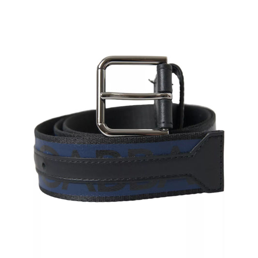 Dolce &amp; Gabbana Black Blue Logo Silver Metal Buckle Belt