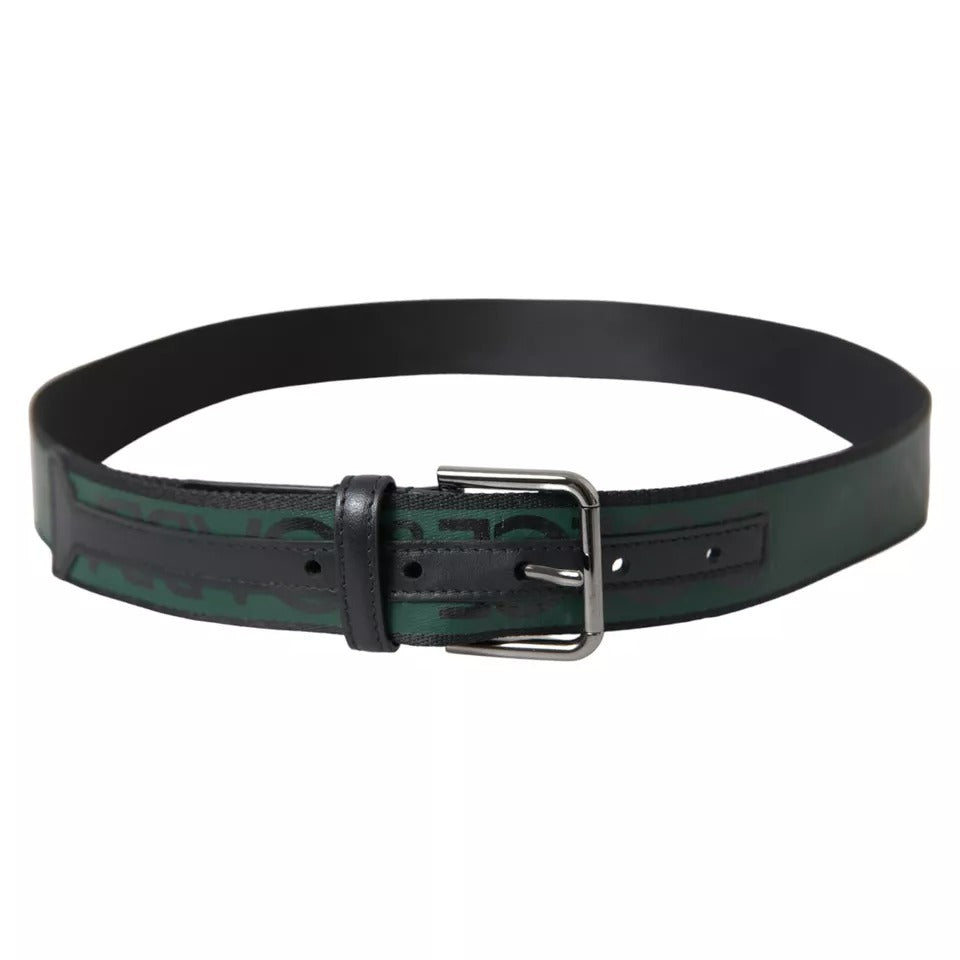 Dolce &amp; Gabbana Black Green Leather Silver Metal Buckle Belt