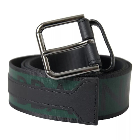 Dolce &amp; Gabbana Black Green Logo Silver Metal Buckle Belt