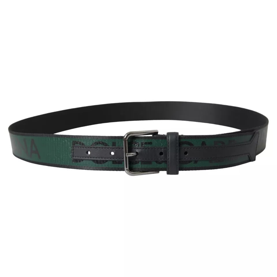 Dolce &amp; Gabbana Black Green Logo Silver Metal Buckle Belt