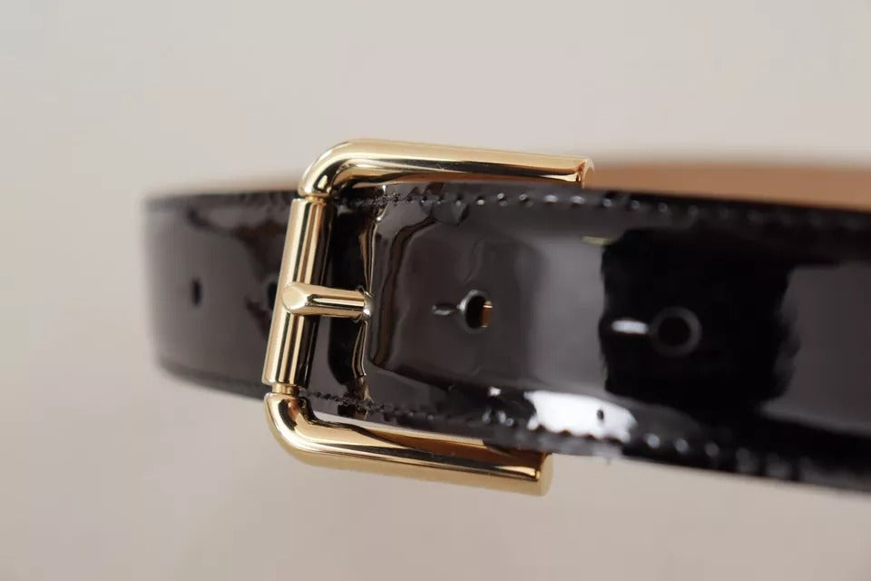 Dolce &amp; Gabbana Black Leather Gold Metal Logo Engraved Buckle Belt