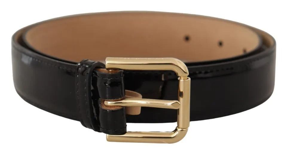 Dolce &amp; Gabbana Black Leather Gold Metal Logo Engraved Buckle Belt