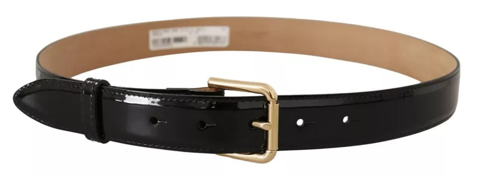 Dolce &amp; Gabbana Black Leather Gold Metal Logo Engraved Buckle Belt