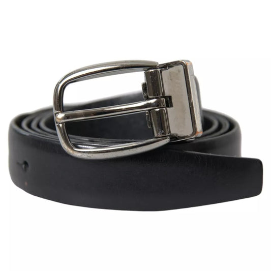 Dolce &amp; Gabbana Black Leather Silver Metal Buckle Men Belt