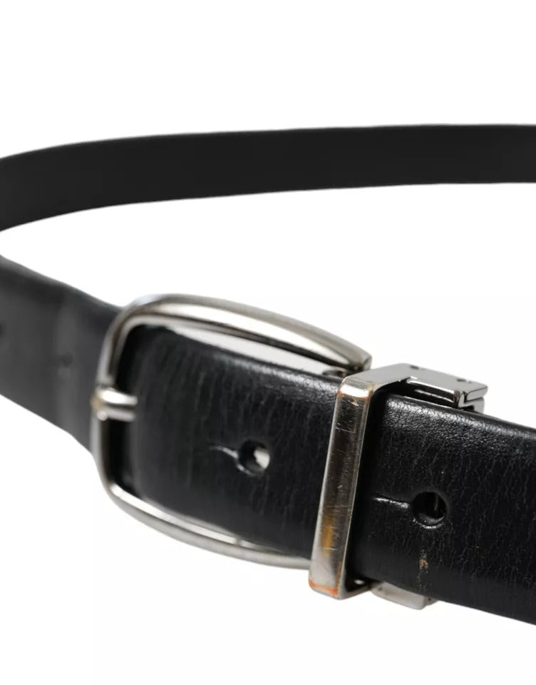 Dolce &amp; Gabbana Black Leather Silver Metal Buckle Men Belt