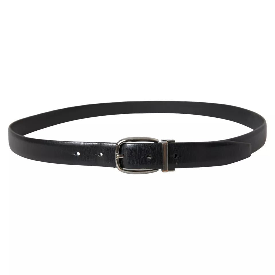 Dolce &amp; Gabbana Black Leather Silver Metal Buckle Men Belt