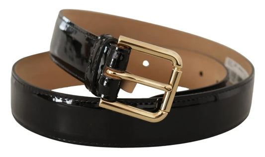 Dolce &amp; Gabbana Black Patent Leather Gold Logo Engraved Buckle Belt