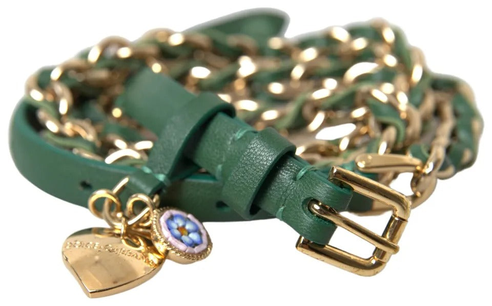 Dolce &amp; Gabbana Green Ornate Chain Belt with Gold Buckle