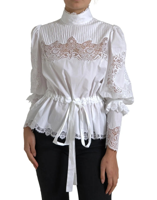 Dolce &amp; Gabbana White cotton turtleneck blouse with lace trim (copy)