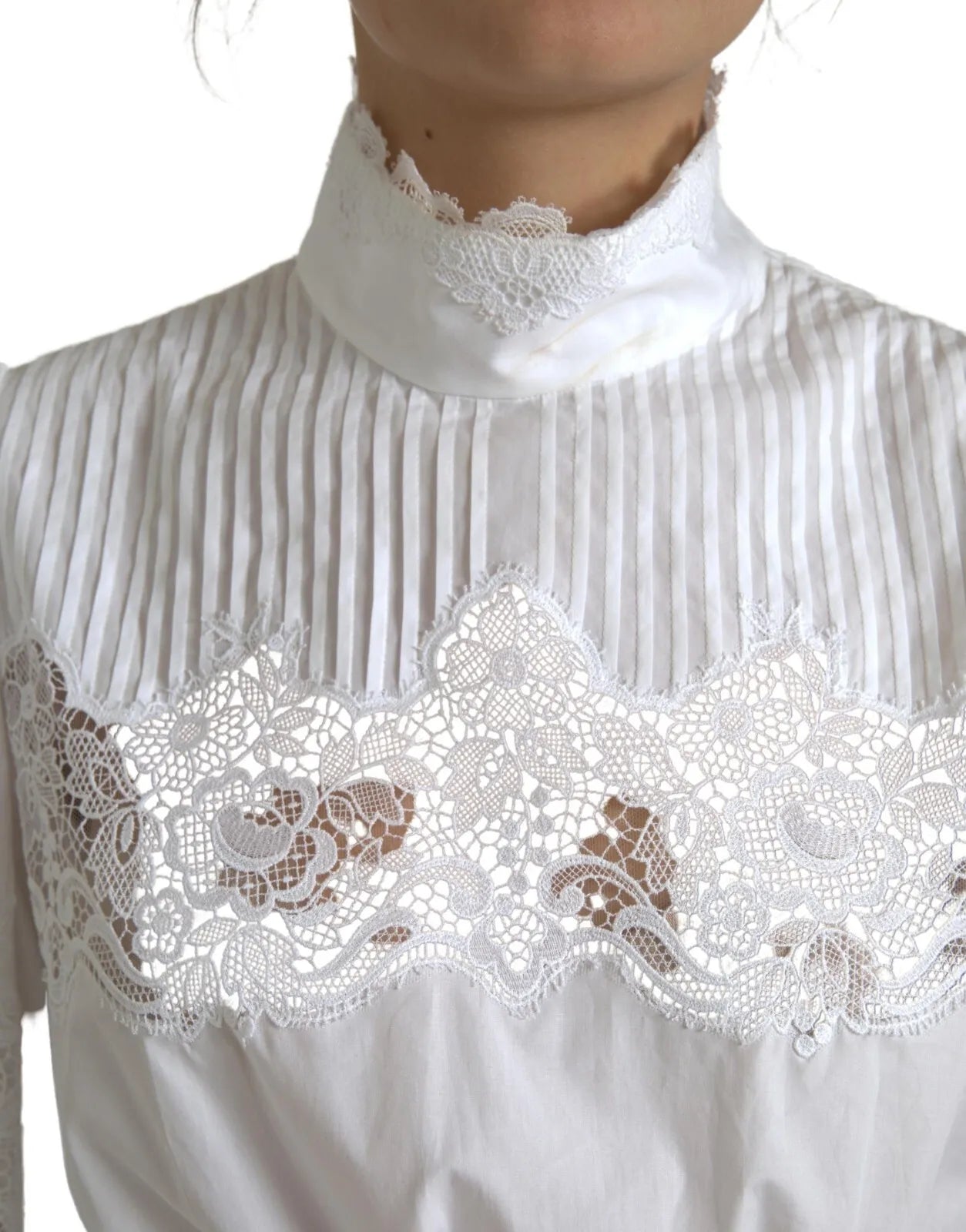 Dolce &amp; Gabbana White cotton turtleneck blouse with lace trim (copy)