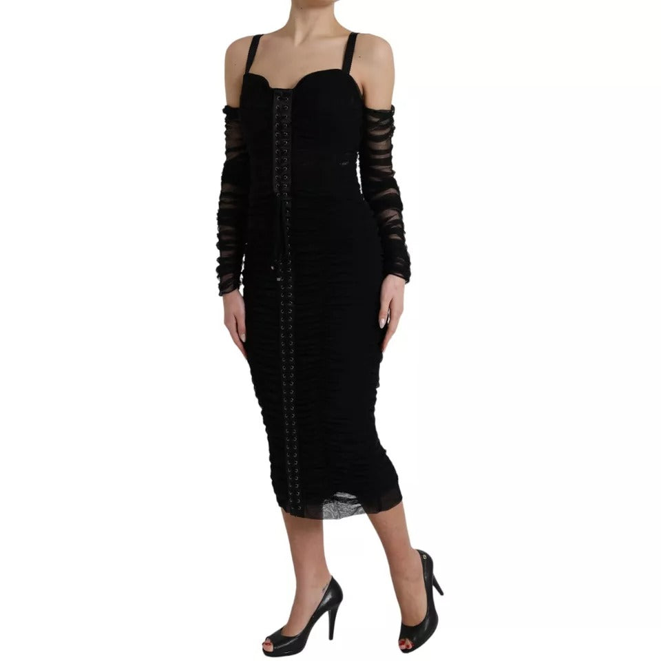 Dolce &amp; Gabbana Black stretch tulle cold shoulder midi dress