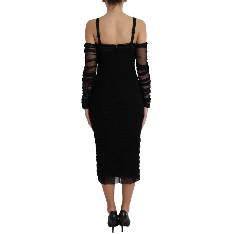 Dolce &amp; Gabbana Black stretch tulle cold shoulder midi dress