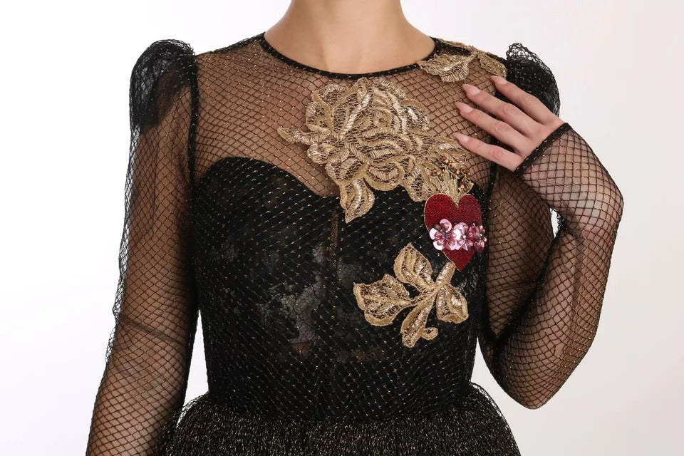 Dolce &amp; Gabbana Black Gold Crystal Heart A-Line Dress