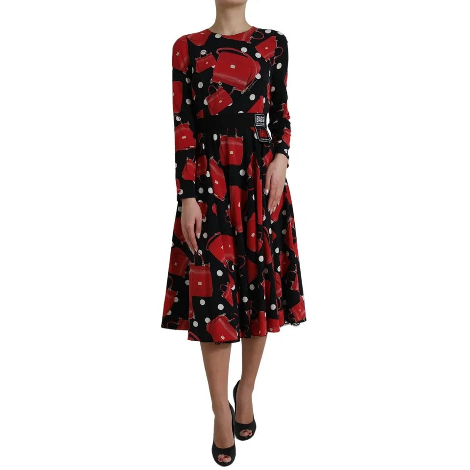 Dolce &amp; Gabbana Black Sicily Bag Print Flared Midi Dress