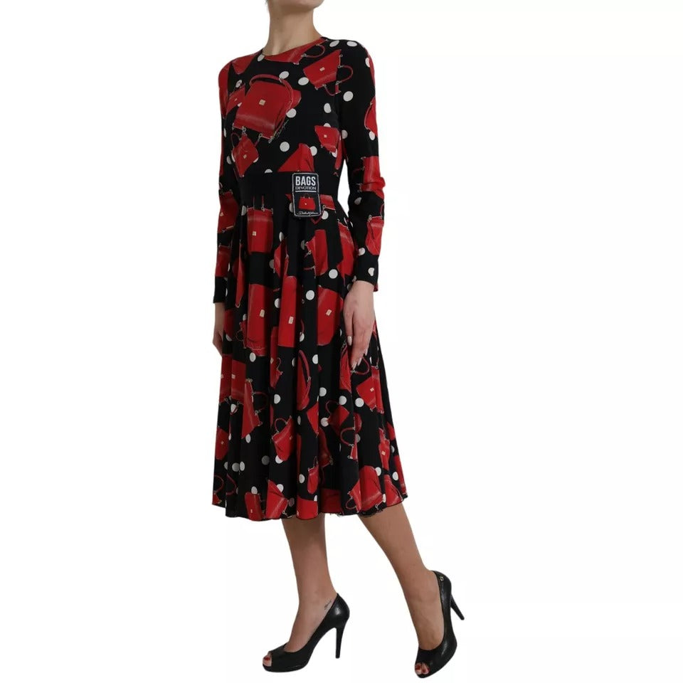 Dolce &amp; Gabbana Black Sicily Bag Print Flared Midi Dress