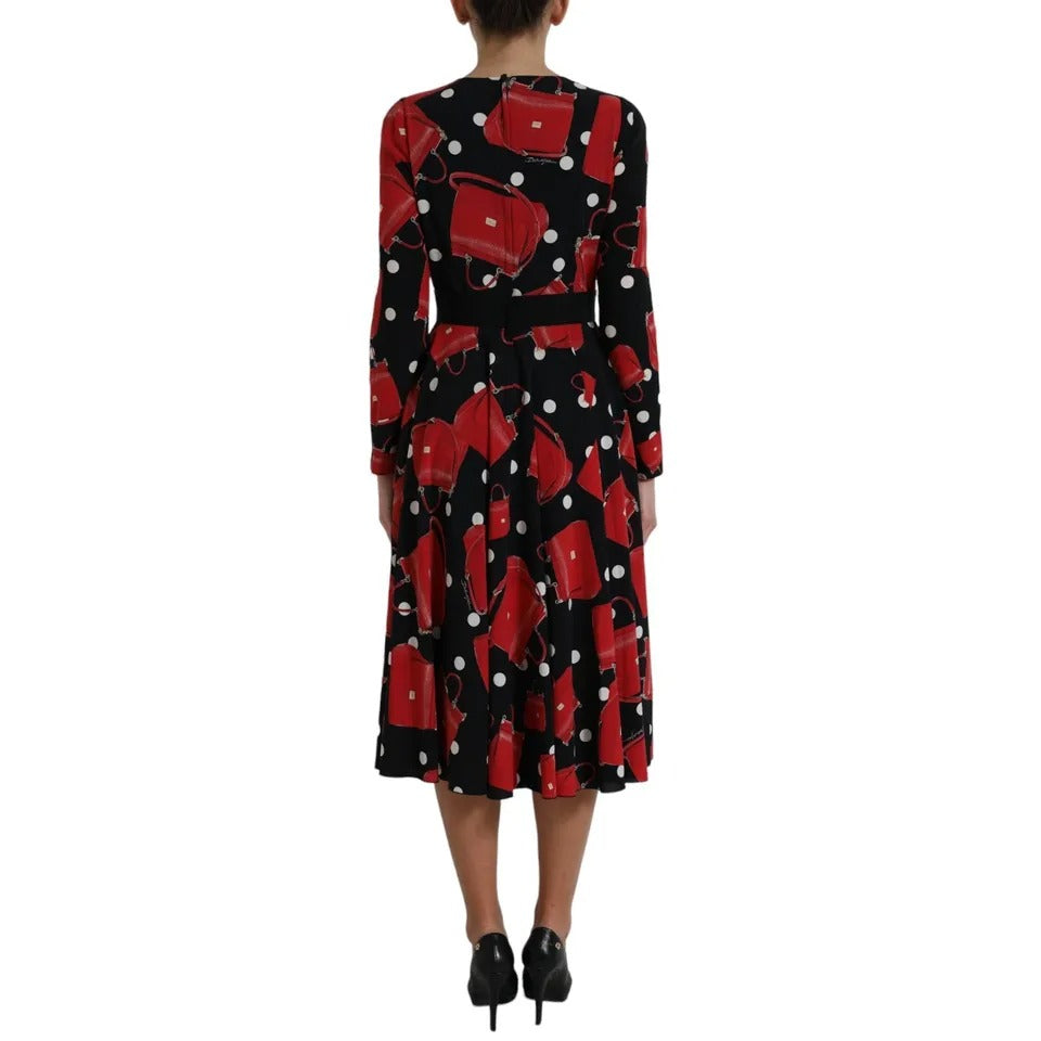 Dolce &amp; Gabbana Black Sicily Bag Print Flared Midi Dress