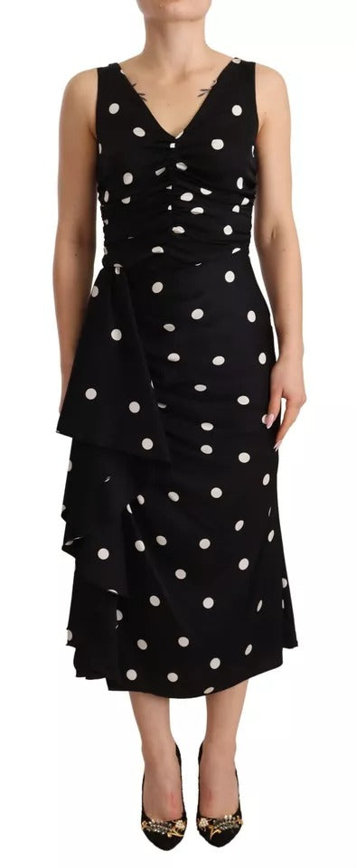 Dolce &amp; Gabbana Black Silk Polka Dot V-Neck Midi Dress