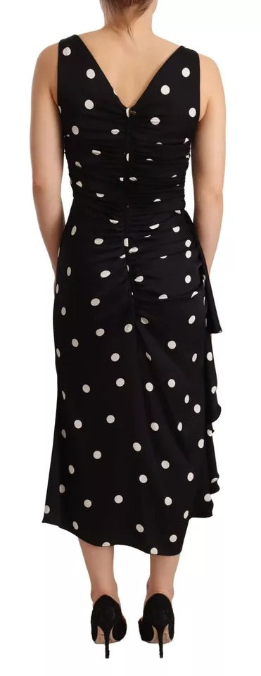 Dolce &amp; Gabbana Black Silk Polka Dot V-Neck Midi Dress