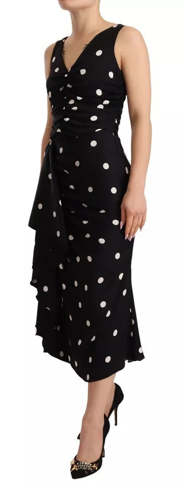 Dolce &amp; Gabbana Black Silk Polka Dot V-Neck Midi Dress