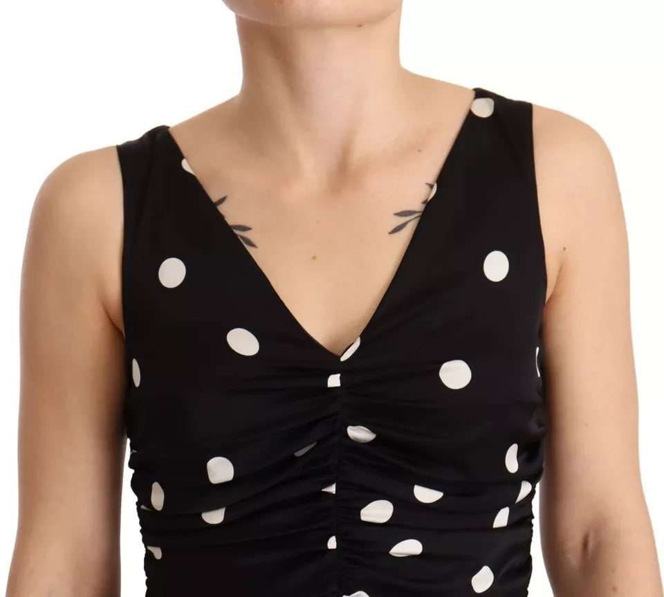 Dolce &amp; Gabbana Black Silk Polka Dot V-Neck Midi Dress