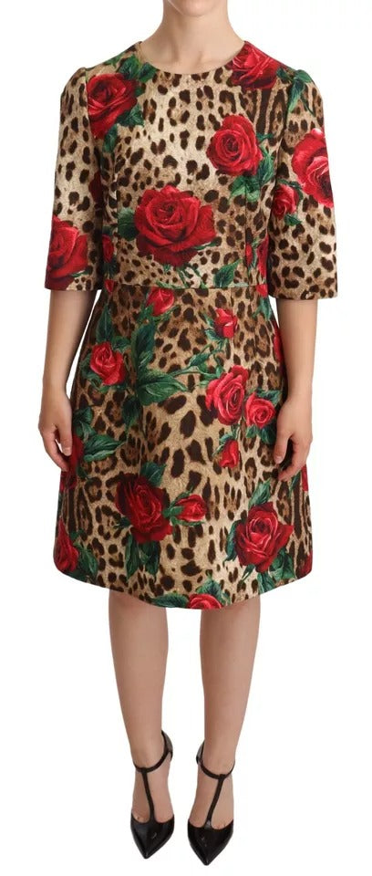 Dolce & Gabbana Braunes Leopardenkleid mit roten Rosen aus Baumwolle in A-Linie