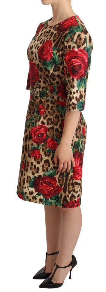 Dolce & Gabbana Braunes Leopardenkleid mit roten Rosen aus Baumwolle in A-Linie