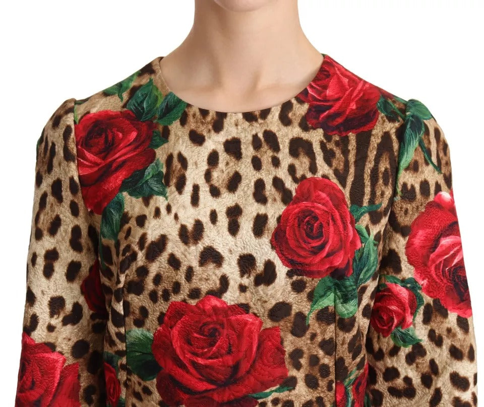 Dolce & Gabbana Braunes Leopardenkleid mit roten Rosen aus Baumwolle in A-Linie