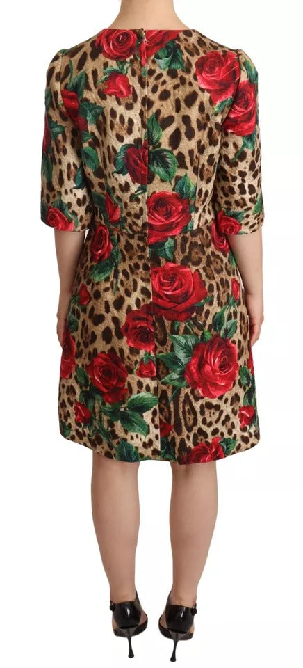 Dolce & Gabbana Braunes Leopardenkleid mit roten Rosen aus Baumwolle in A-Linie