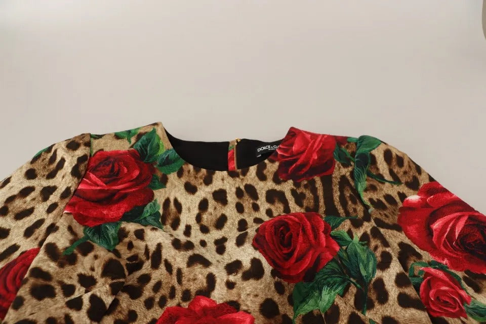 Dolce & Gabbana Braunes Leopardenkleid mit roten Rosen aus Baumwolle in A-Linie