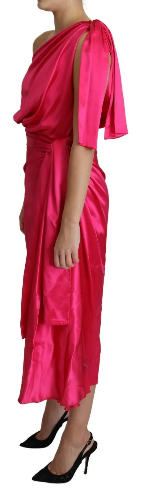 Dolce & Gabbana Fuchsia Fitted Cut One Shoulder Midikleid