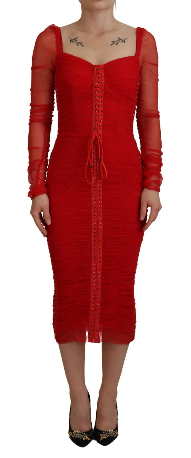 Dolce &amp; Gabbana Red Mesh Bodycon Sheath Dress Midi Dress