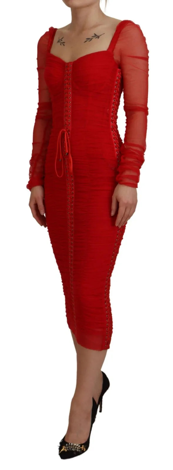 Dolce &amp; Gabbana Red Mesh Bodycon Sheath Dress Midi Dress