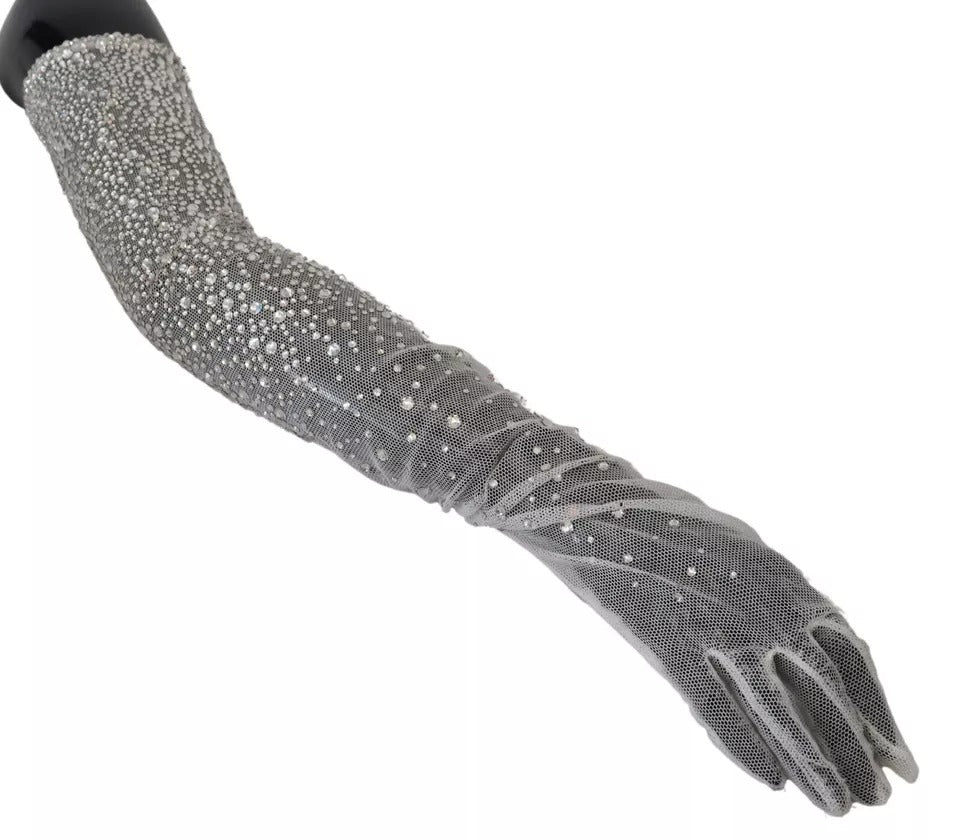 Dolce &amp; Gabbana White Crystal Cotton Tulle Elbow Gloves