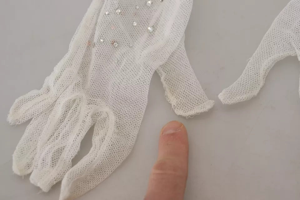 Dolce &amp; Gabbana White Crystal Cotton Tulle Elbow Gloves