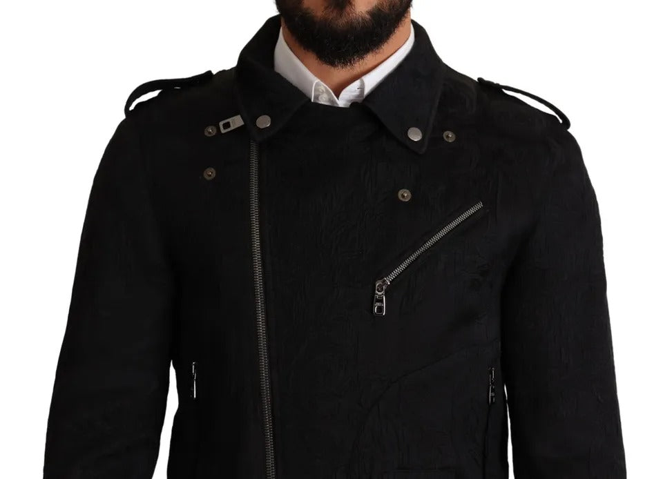 Dolce &amp; Gabbana Black Brocade Full Zip Biker Jacket